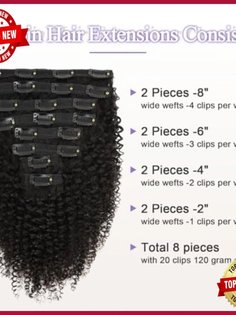 16 Inch Clip In Human Hair Extensions 120g 8pcs Kinky Curly Brazilian Virgin